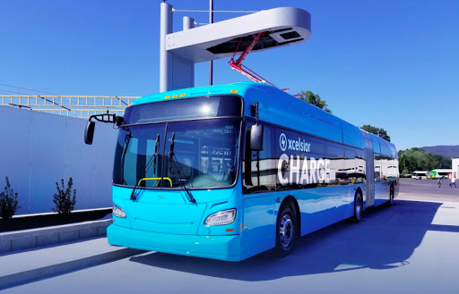 A battery-electric bus charging.