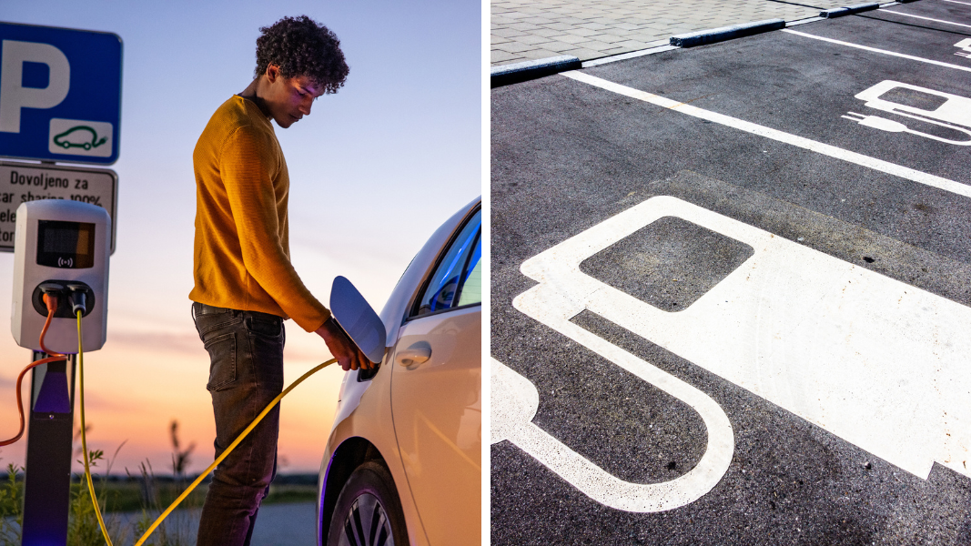 Left, a young man connects his electric vehicle for charging; right, electric vehicle parking spots.