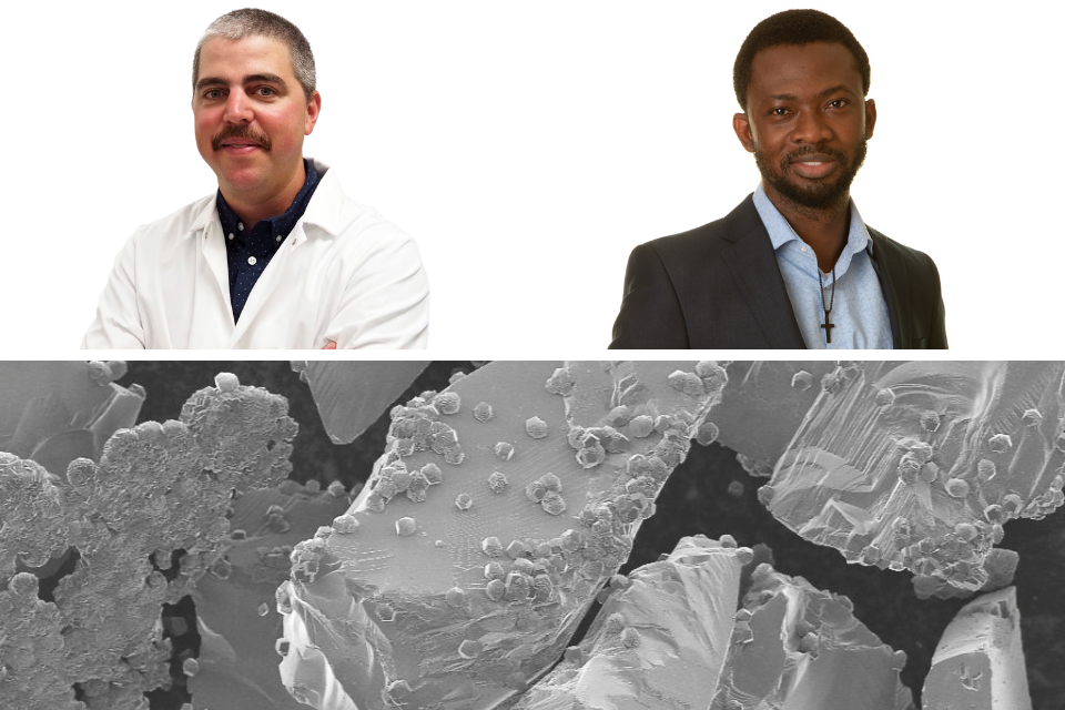 Solid Carbon researchers Benjamin Tutolo (left) and Adedapo Awolayo; bottom, solid carbonate mineral formation (small bumps) on basaltic minerals (large chunks), photographed through scanning electron microscopy. (Credit: The Reactive Transport Group at the University of Calgary)