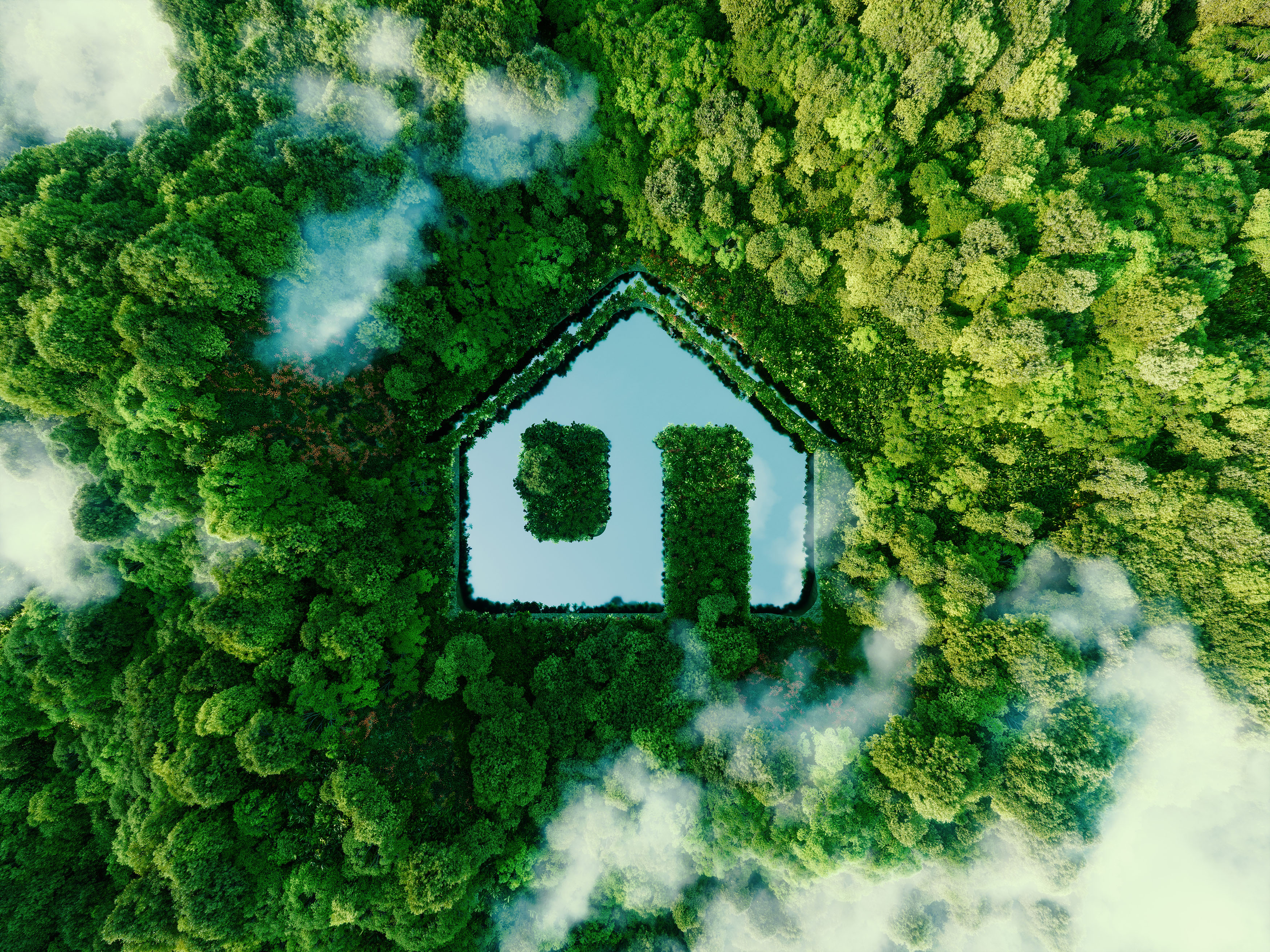 The shape of a house outlined in water, with a forest surrounding it and clouds above.