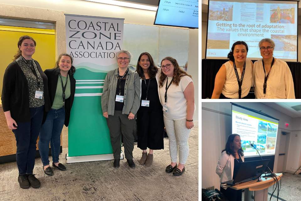 Image 1, left: The Living with Water team at the Coastal Zone Canada conference. Image 2, right: Tira Okamoto and Vanessa Lueck. Image 3: Shaieree Cottar