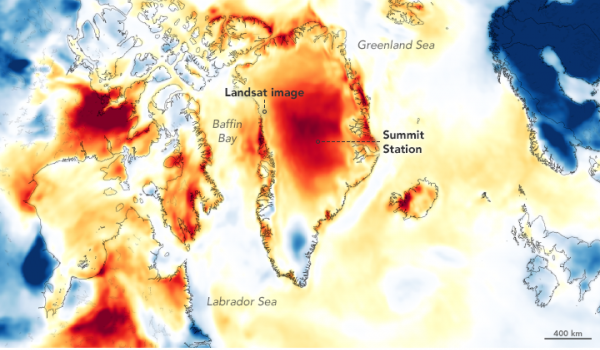 NASA image Warm Weather Brings Major Melting to Greenland July 2019