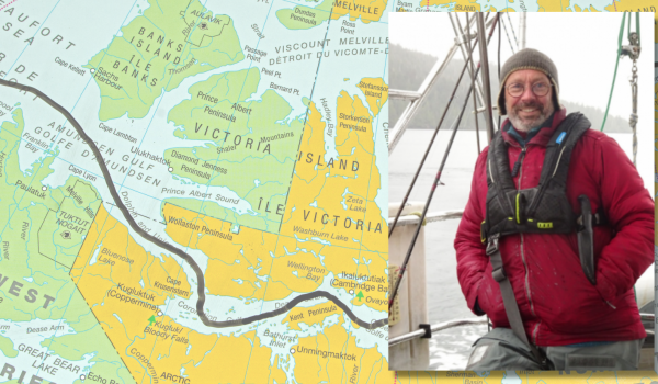 Dr. Ged McLean aboard the SV JACA, wearing a red coat and brown toque. He is superimposed on a map showing the Northwest Passage.