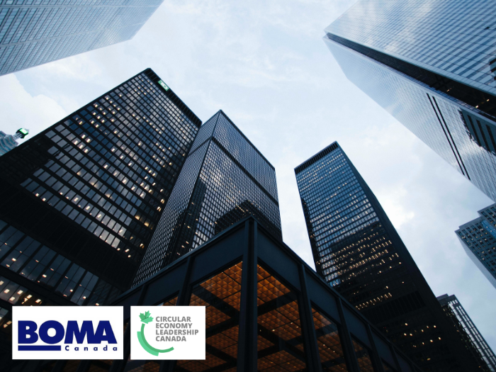 Skyscrapers reach for the clouds in a blue sky. At the bottom, logos for Circular Economy Leadership and BOMA Canada