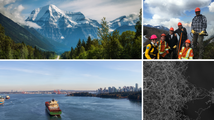 a collage of photos: Mt. Robson, Vancouver Harbour, carbon fibres, cultural burning group.