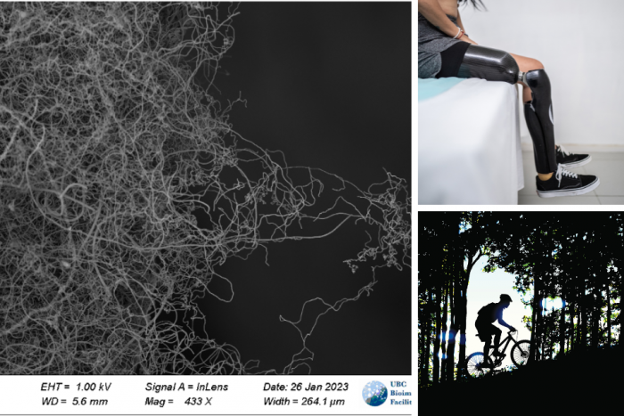 L: Carbon fibres under electron microscope. R, top: a prosthetic leg. R, bottom: Carbon fibre bike.