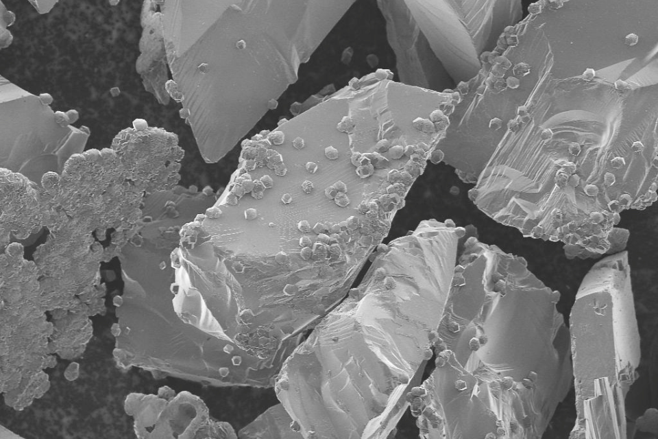 Solid carbonate mineral formation (small bumps) on basaltic minerals (large chunks), photographed through scanning electron microscopy.